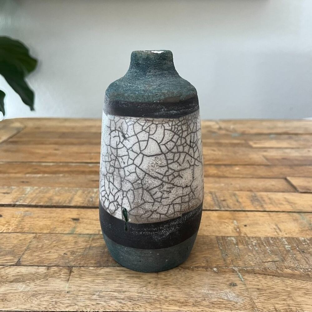 Studio Pottery Vase 7" Raku Crackle Glaze Design Signed by Daniel Hoffman